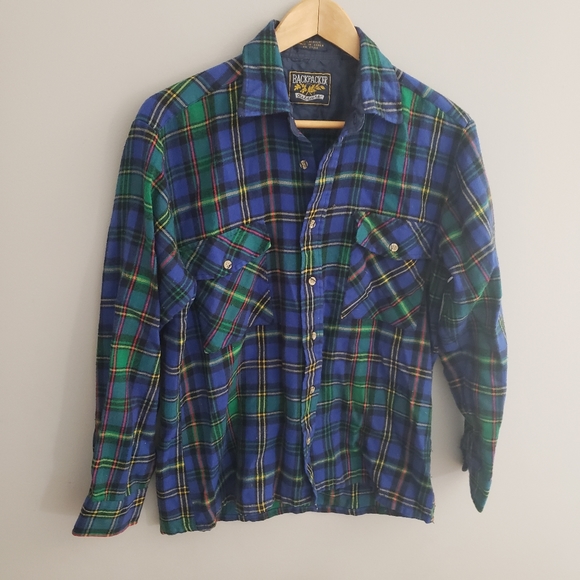 Bright blue and green plaid flannel double button mens medium - Picture 3 of 6